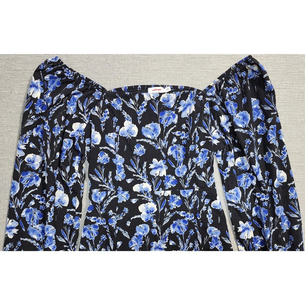 Lush Black Blue Floral Puff Sleeve Mini Dress Square Neck Size Small party dance